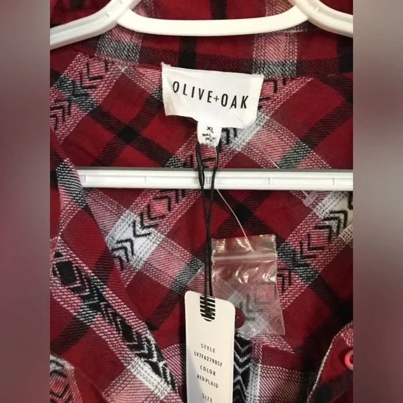 NWT Olive+Oak Women’s Boho Flannel & Plaid Fringe Button Down Cotton Top - Picture 8 of 15